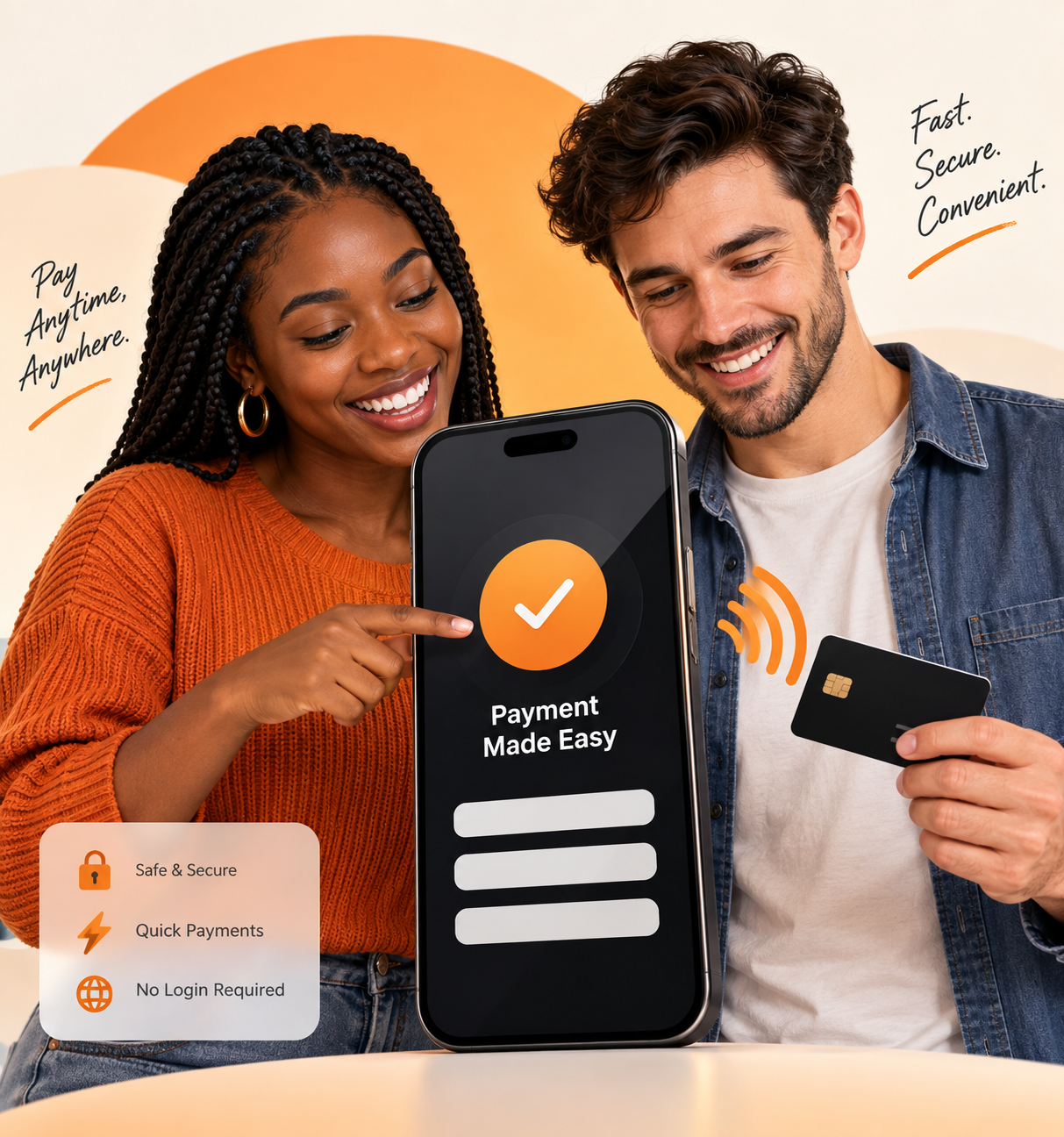 Smartphone showing a successful payment with a card nearby